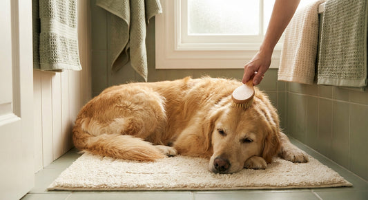 A relaxed golden retriever being gently brushed by its owner in a calm, warmly lit home bathroom setting.
