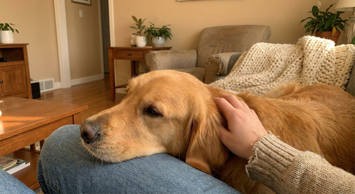 A calm golden retriever resting its head on its owner's lap while being gently petted in a warm, cozy living room setting.