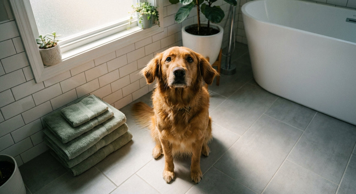 A golden retriever sits on a bathroom floor with flattened ears and wide, anxious eyes, looking up nervously near a bathtub in soft natural light.