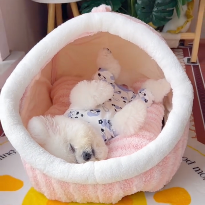 Tunnel dog bed with plush cushion, pink