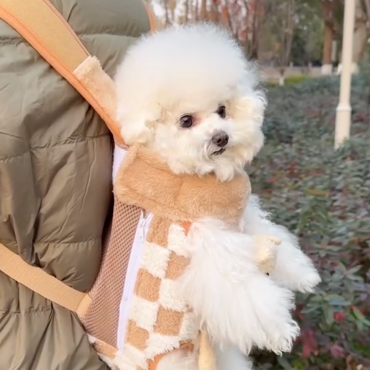 Fleece-lined checkered dog carrier backpack, photo 5