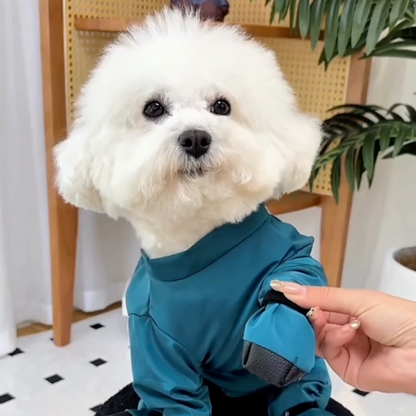 Full-body dog mud suit with attached boots