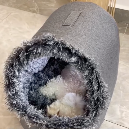 Covered dog cave bed with faux fur trim, gray