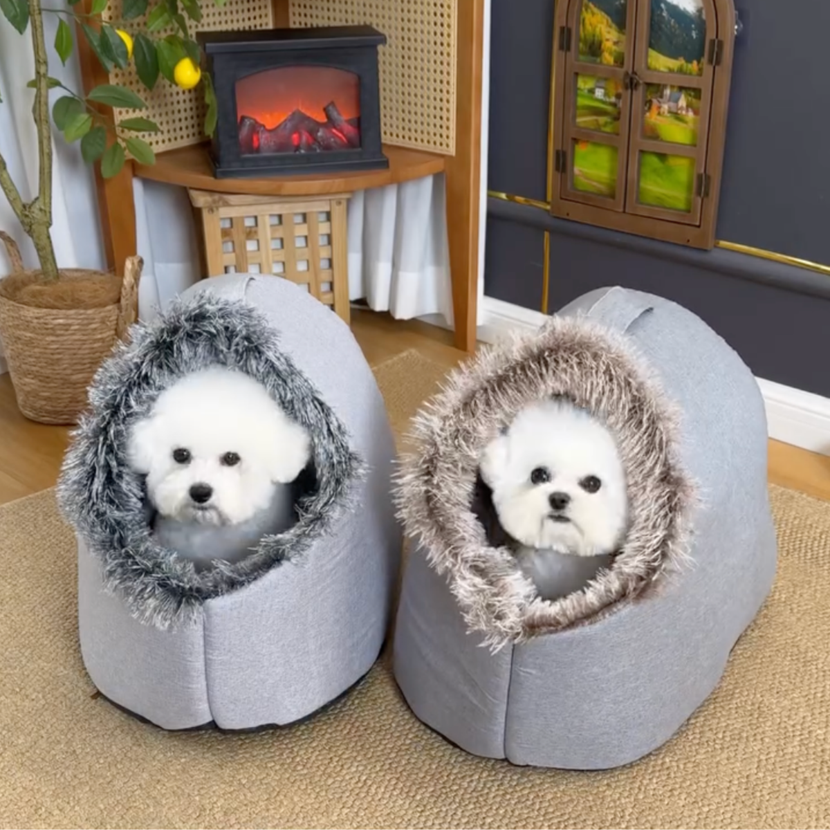 Covered dog cave bed with faux fur trim, photo 3