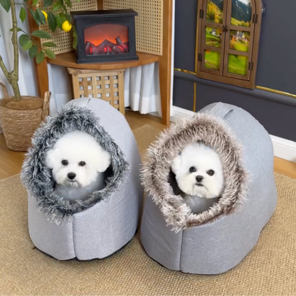 Covered dog cave bed with faux fur trim, photo 3