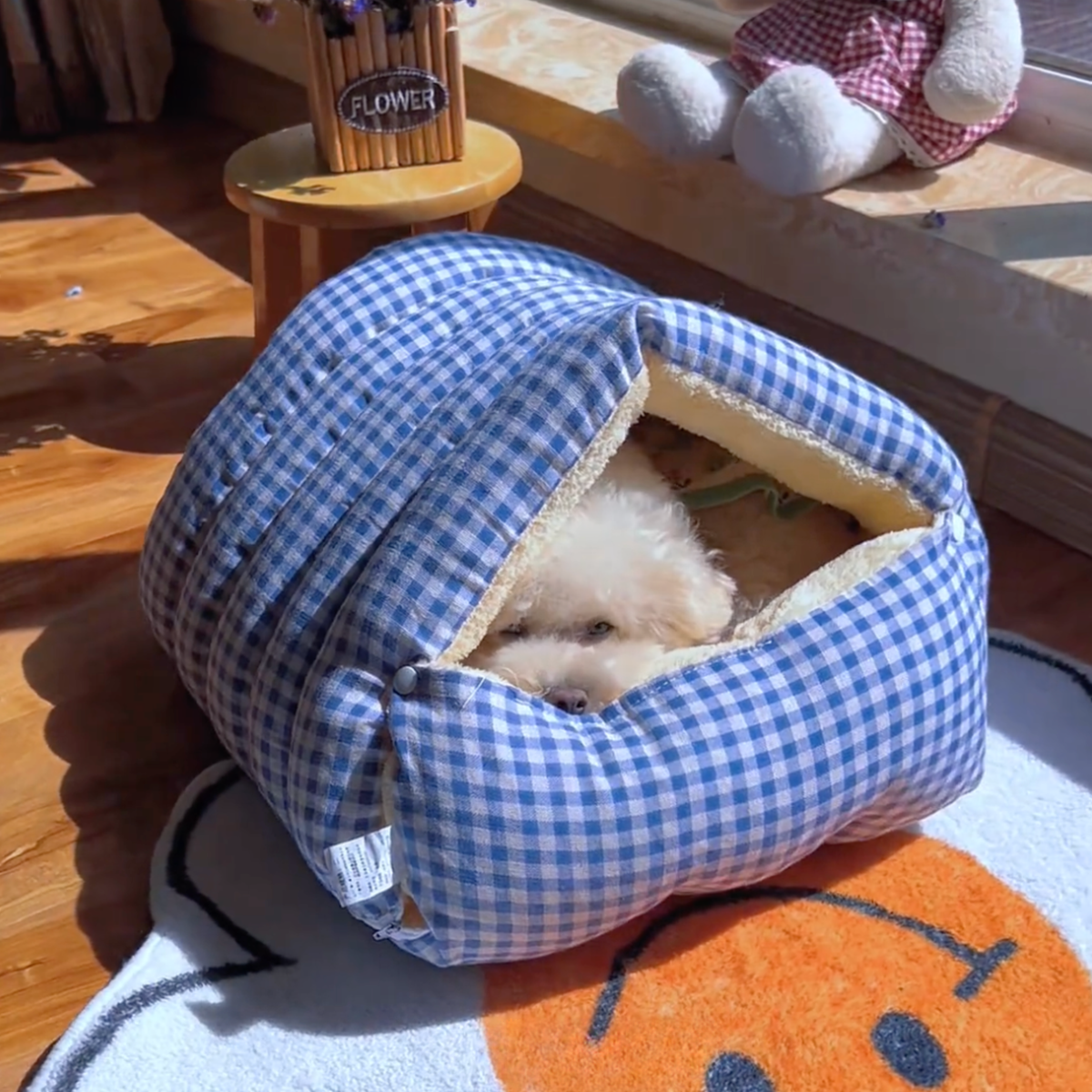 Gingham dog sleeping bag bed, blue
