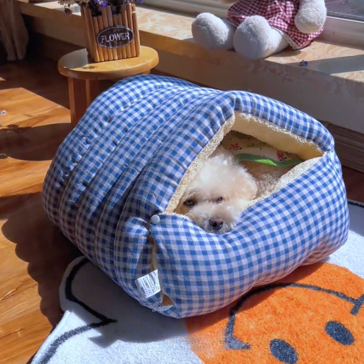 Gingham dog sleeping bag bed