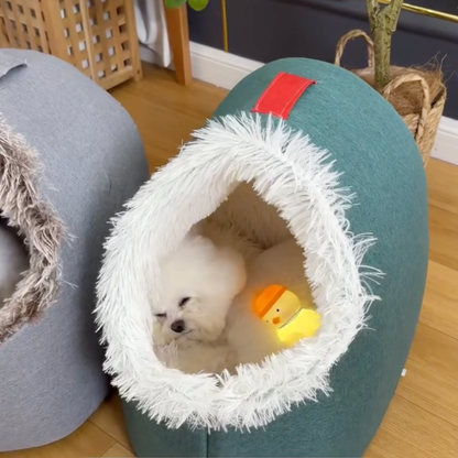 Covered dog cave bed with faux fur trim, photo 6