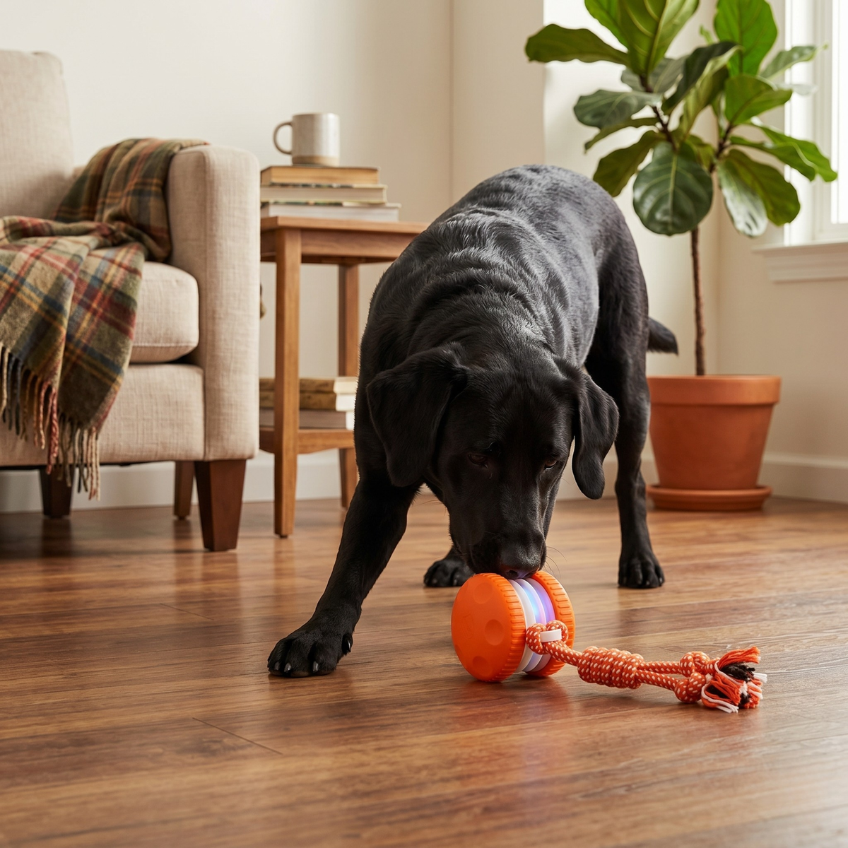 Rechargeable rolling dog toy with rope, photo 3