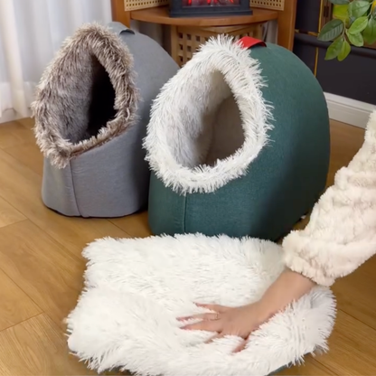 Covered dog cave bed with faux fur trim, photo 5