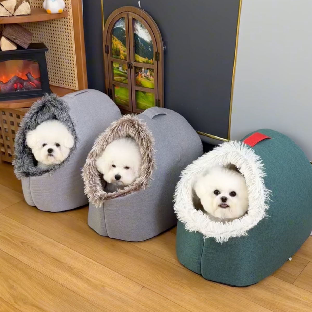 Covered dog cave bed with faux fur trim, photo 2