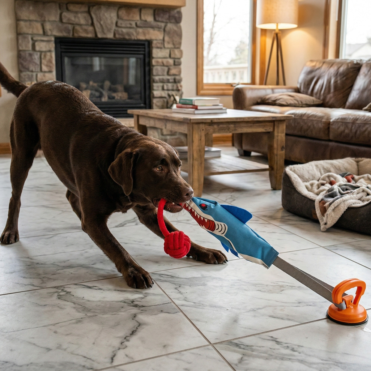 Suction cup shark tug toy for dogs