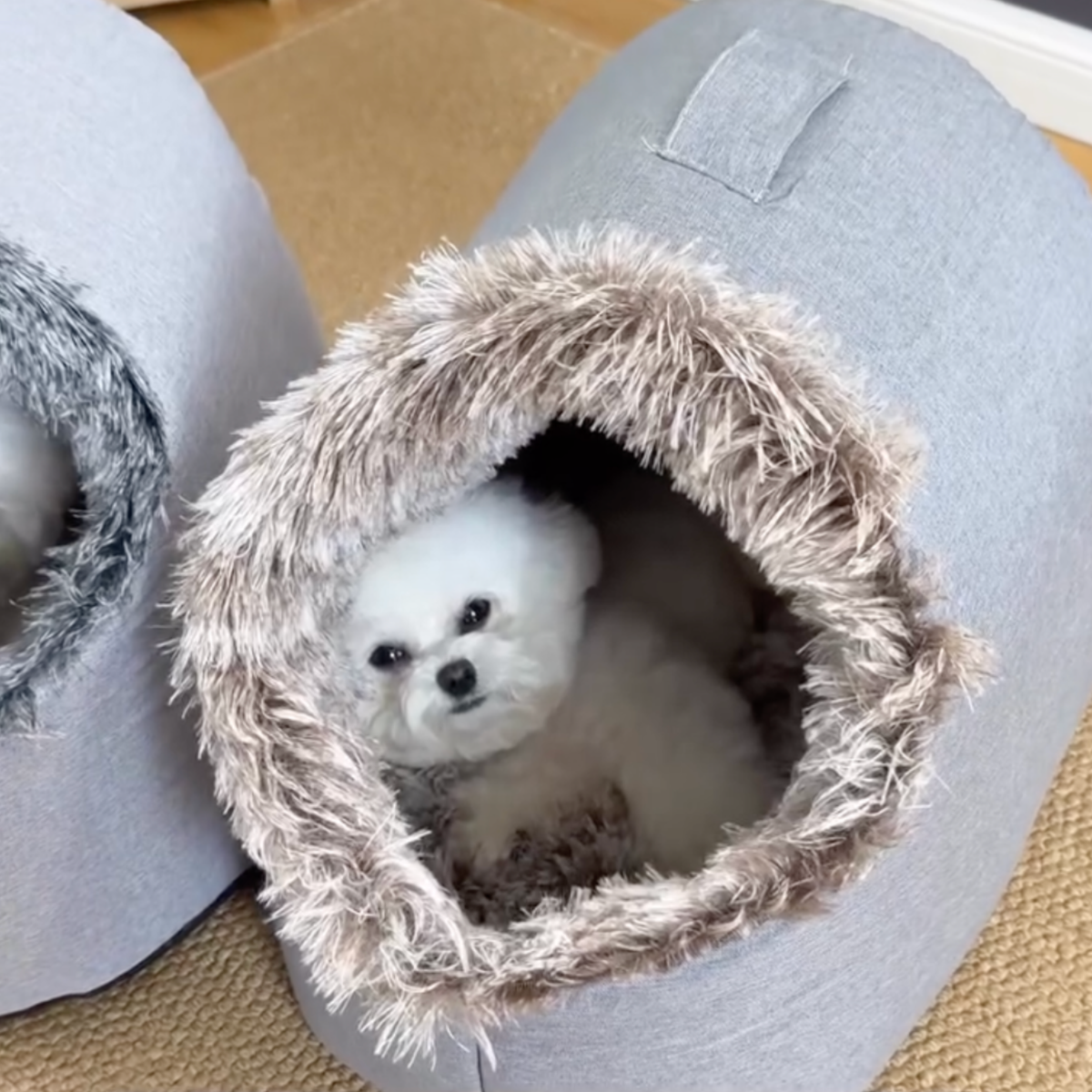 Covered dog cave bed with faux fur trim, photo 4
