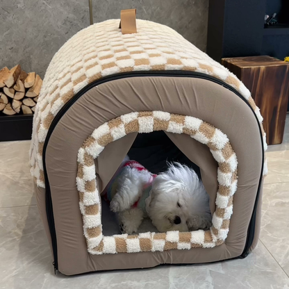 Checkered covered dog house bed
