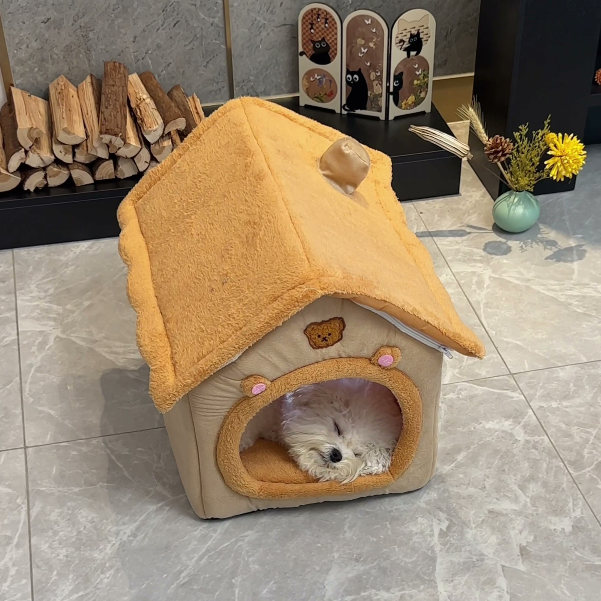 Cabin-style covered dog bed with roof, photo 7