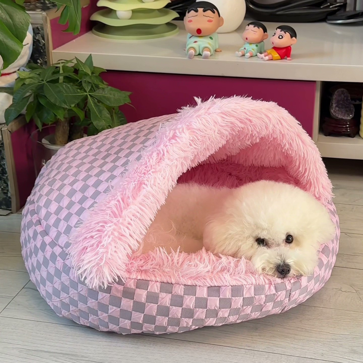 Round hooded cave dog bed, pink