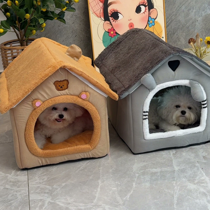Cabin-style covered dog bed with roof