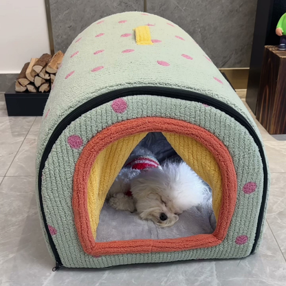 Arched dog house bed with removable cushion