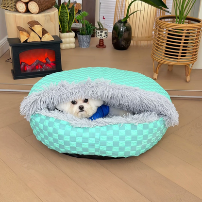 Round hooded cave dog bed, blue