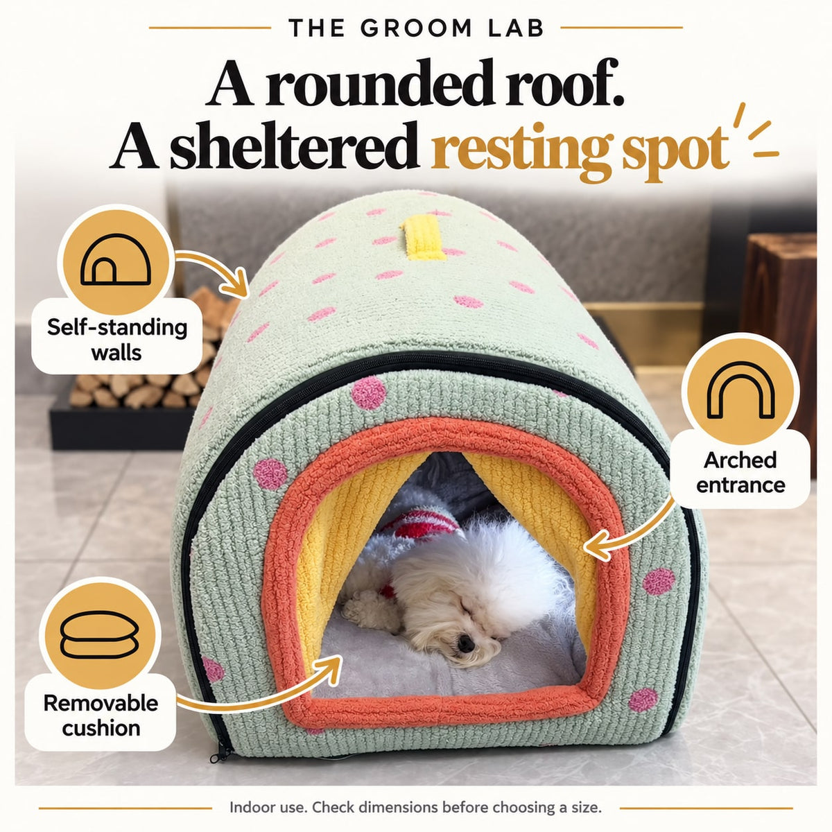 The Groom Lab — Arched Dog House Bed with Removable Cushion, Machine Washable — product features and use guidance