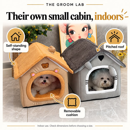 The Groom Lab — Cabin-Style Covered Dog Bed with Roof and Removable Cushion — product features and use guidance