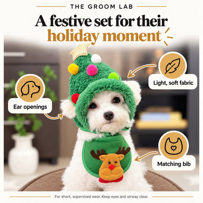 The Groom Lab — Christmas Tree Dog Hat and Reindeer Bib Set for Holiday Photos — product features and use guidance