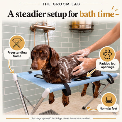 The Groom Lab — Dog Bath Hammock for Bathtubs, Foldable Grooming Support for Dogs up to 40 lb — product features and use guidance