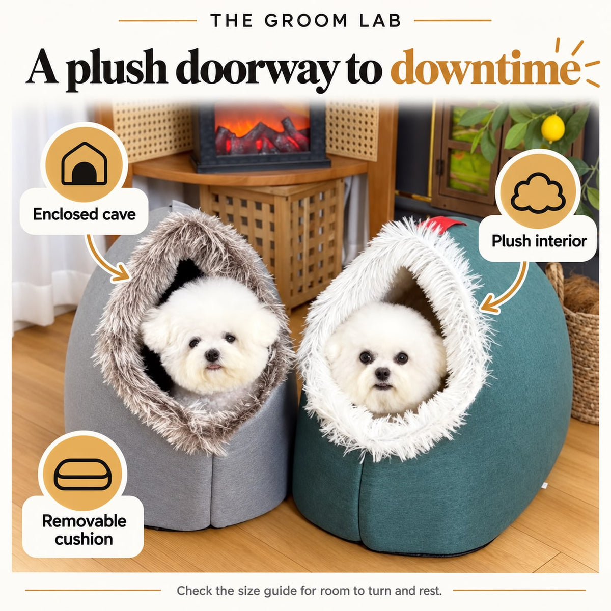 The Groom Lab — Covered Dog Cave Bed with Faux Fur Trim and Removable Cushion — product features and use guidance