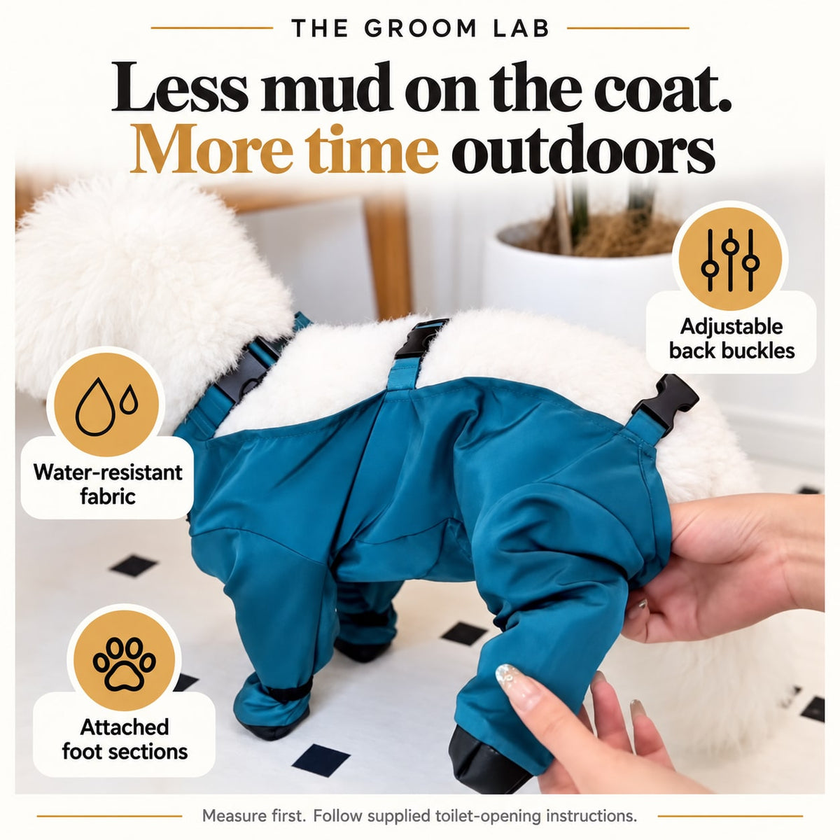 The Groom Lab — Full-Body Dog Mud Suit with Attached Boots, Water-Resistant Jumpsuit — product features and use guidance