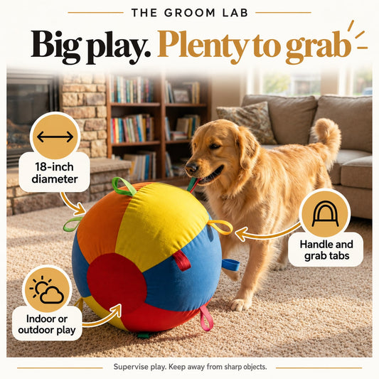 The Groom Lab — 18 Inch Giant Dog Ball with Grab Tabs, Inflatable with Pump — product features and use guidance
