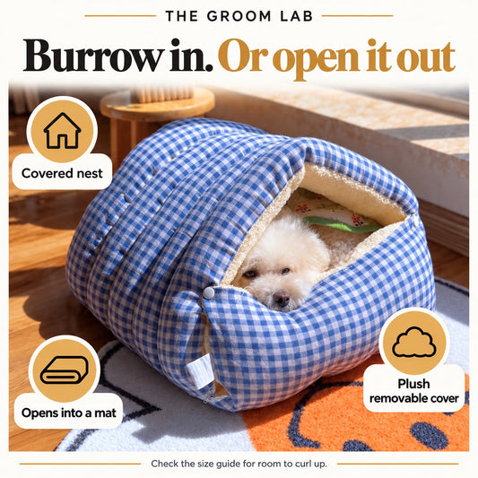 The Groom Lab — Gingham Dog Sleeping Bag Bed with Zip Side, Opens into a Flat Mat — product features and use guidance