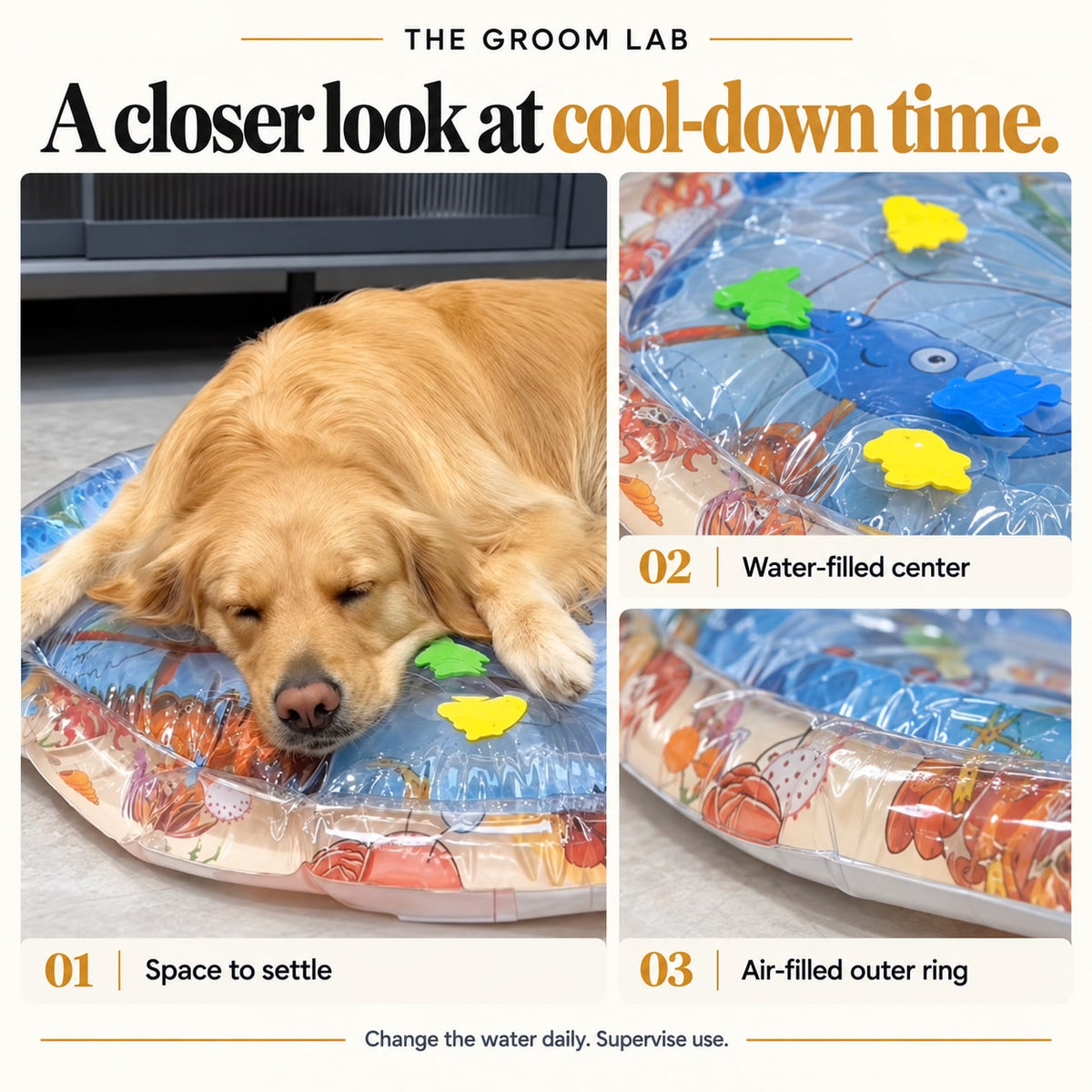 The Groom Lab — Cooling Water Bed for Dogs — Space to settle, Water-filled center, Air-filled outer ring product-detail collage