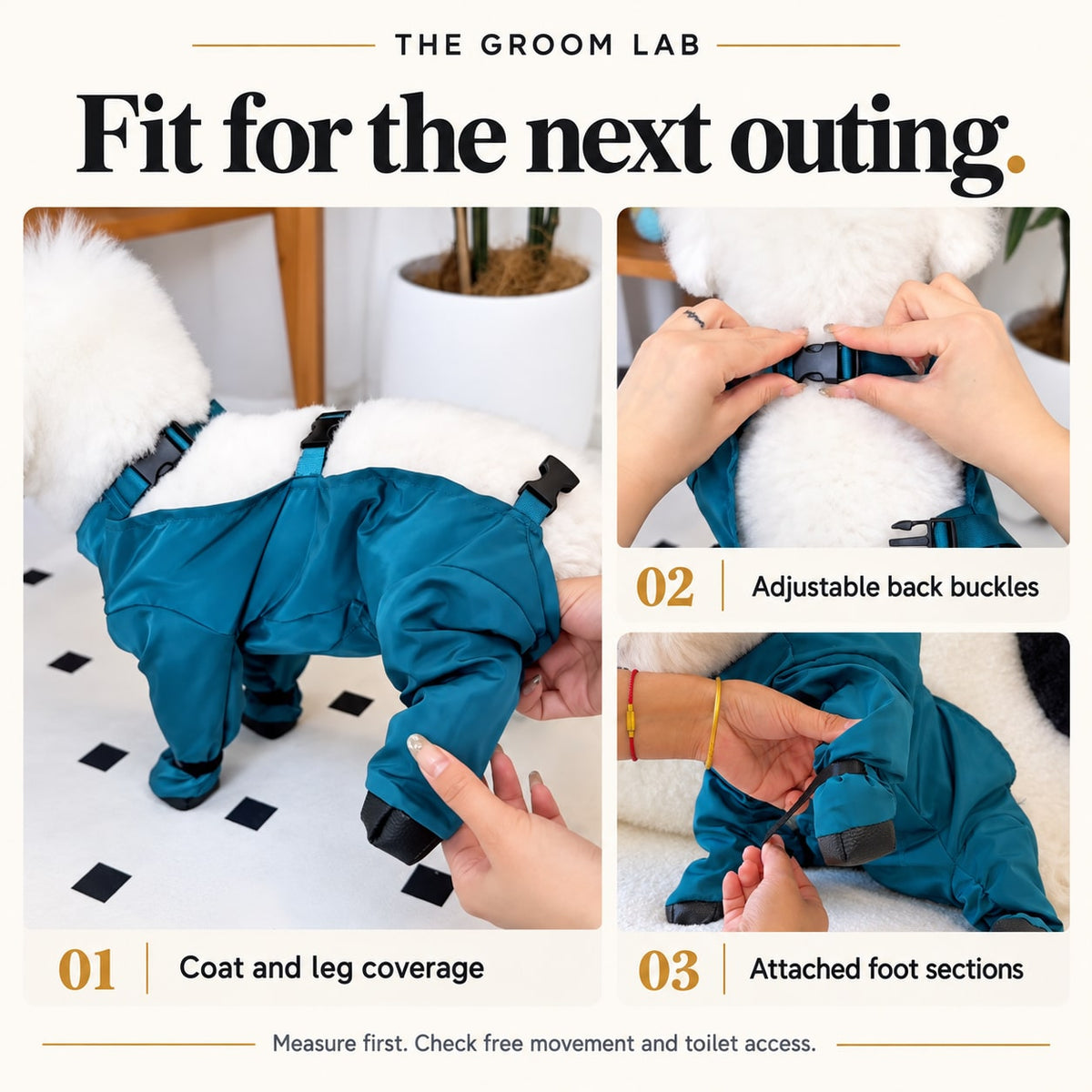 The Groom Lab — Full-Body Dog Mud Suit with Boots — Coat and leg coverage, Adjustable back buckles, Attached foot sections product-detail collage