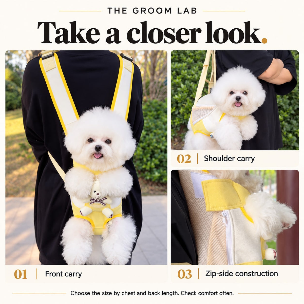 The Groom Lab — Hands-Free Dog Carrier Backpack — Front carry, Shoulder carry, Zip-side construction product-detail collage