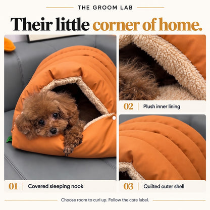 The Groom Lab — Puffer Sleeping Bag Dog Bed — Covered sleeping nook, Plush inner lining, Quilted outer shell product-detail collage