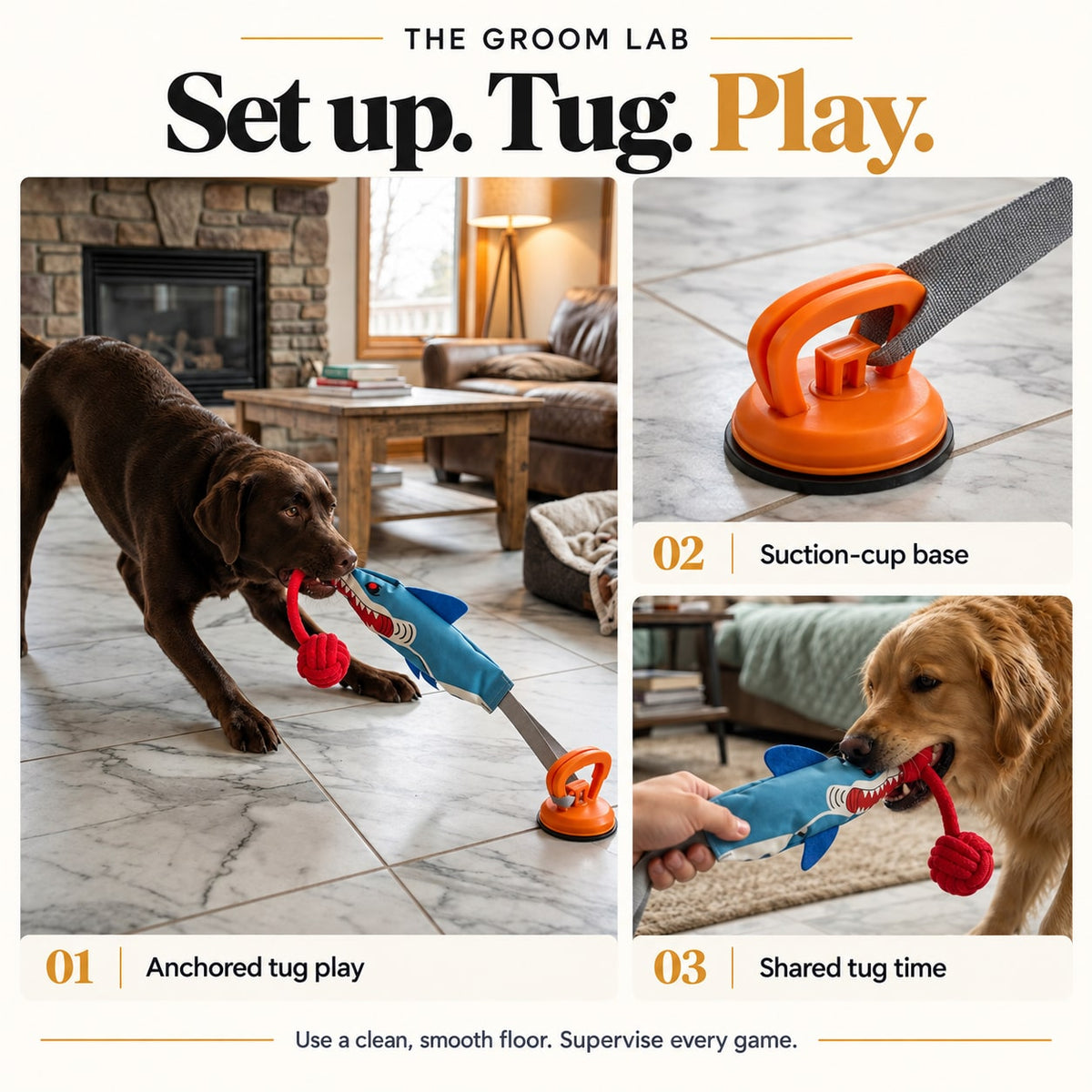 The Groom Lab — Suction-Cup Shark Tug Toy — Anchored tug play, Suction-cup base, Shared tug time product-detail collage