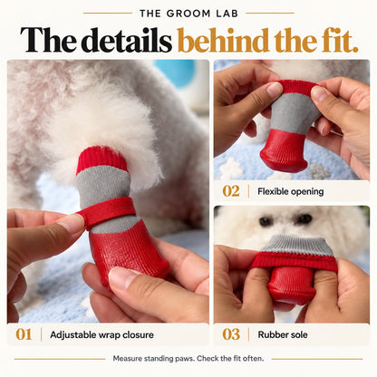The Groom Lab — Waterproof Dog Boots — Set of 4 — Adjustable wrap closure, Flexible opening, Rubber sole product-detail collage