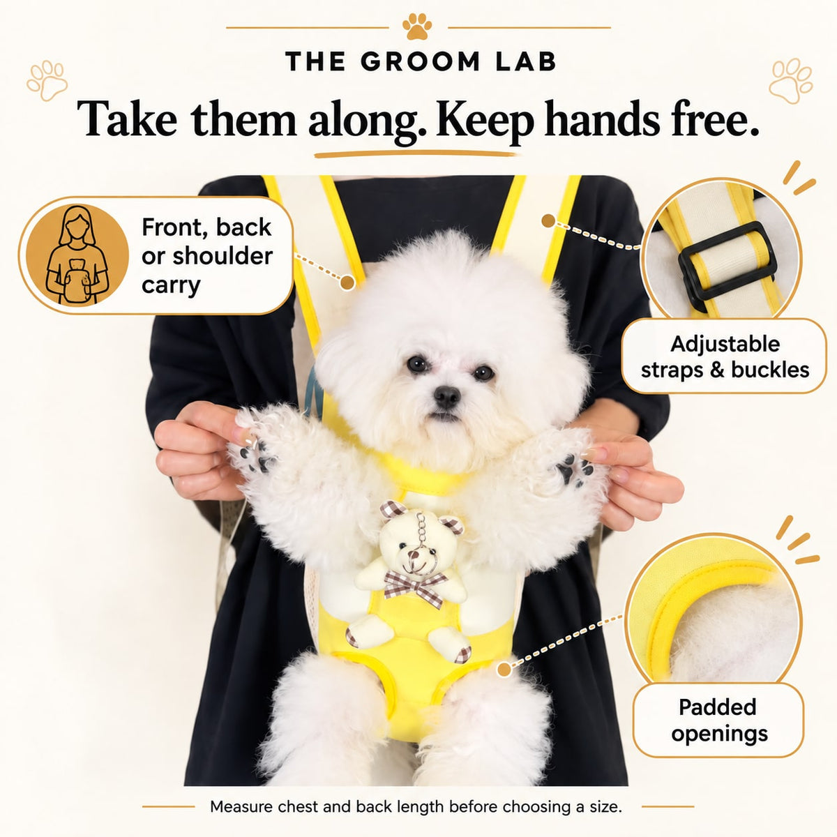 The Groom Lab — Hands-Free Dog Carrier Backpack for Small Dogs, Front or Back Wear — product features and use guidance