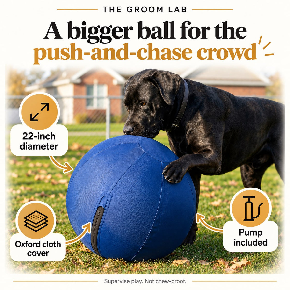 The Groom Lab — 22 Inch Herding Ball for Dogs, Oxford Cover with Pump Included — product features and use guidance