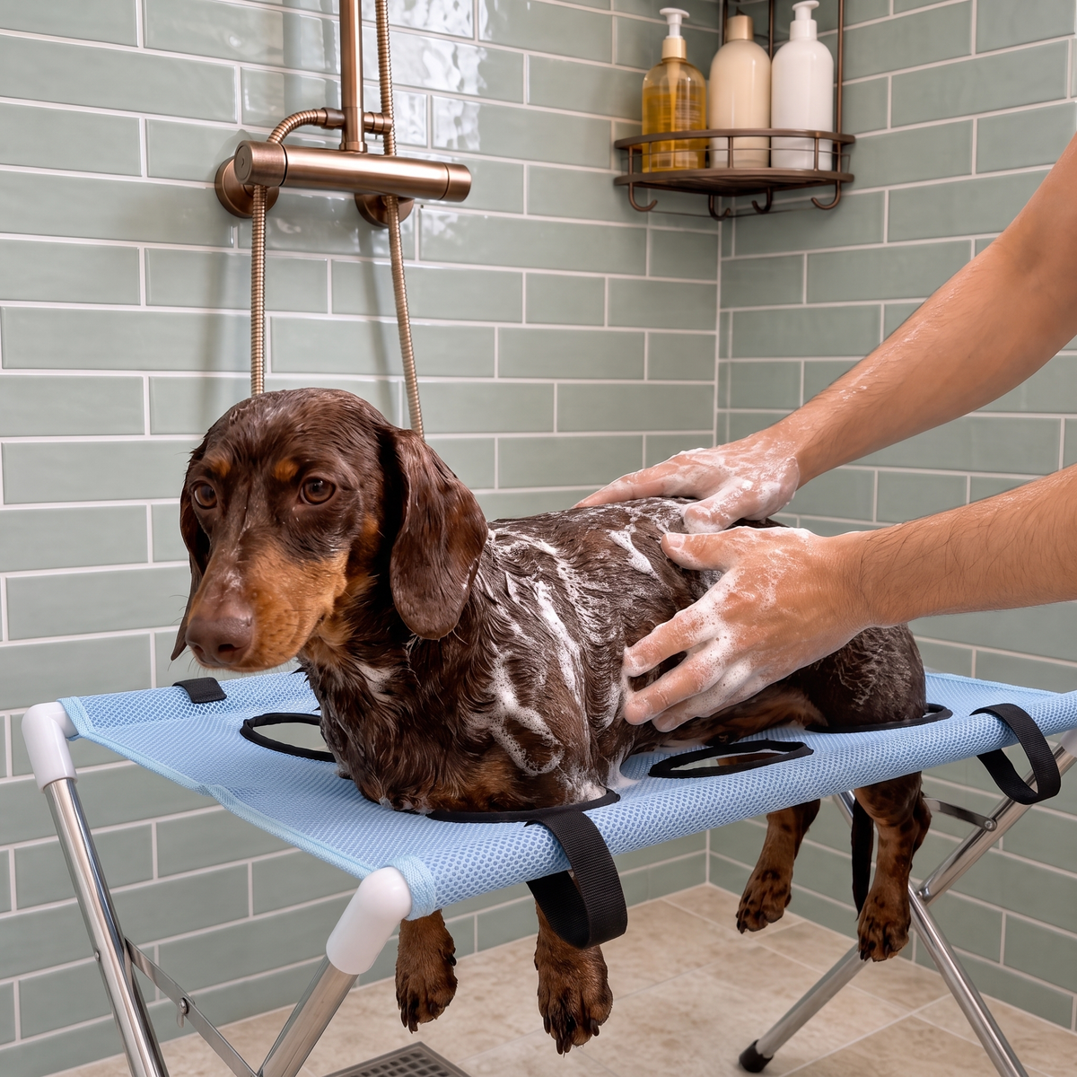 Dog bath hammock standing in a bathtub, blue