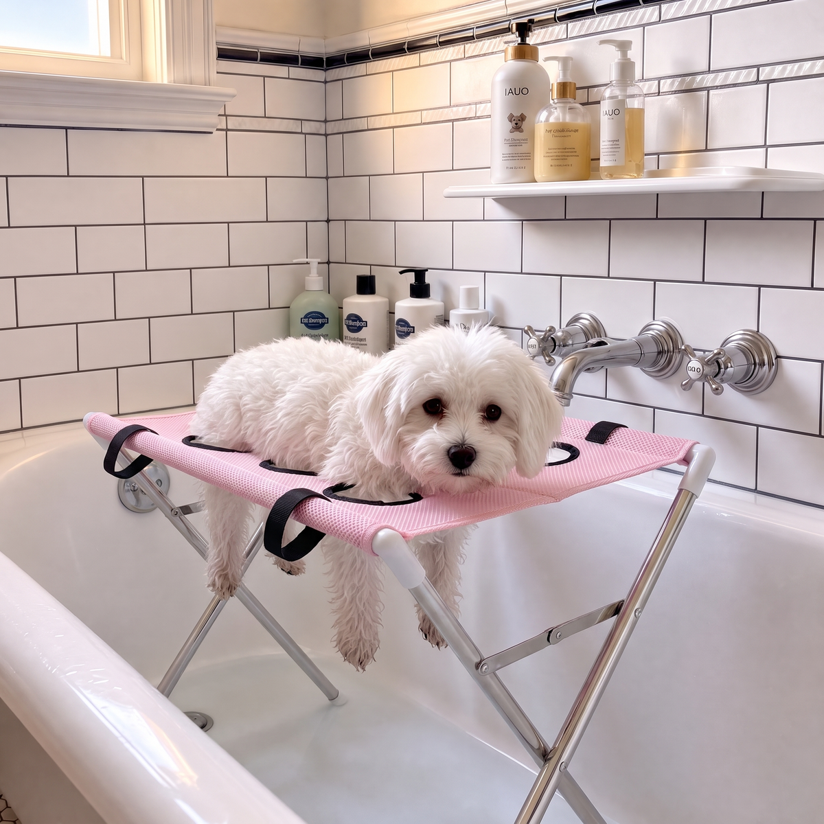 Dog bath hammock standing in a bathtub, pink