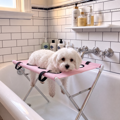 Dog bath hammock standing in a bathtub, pink