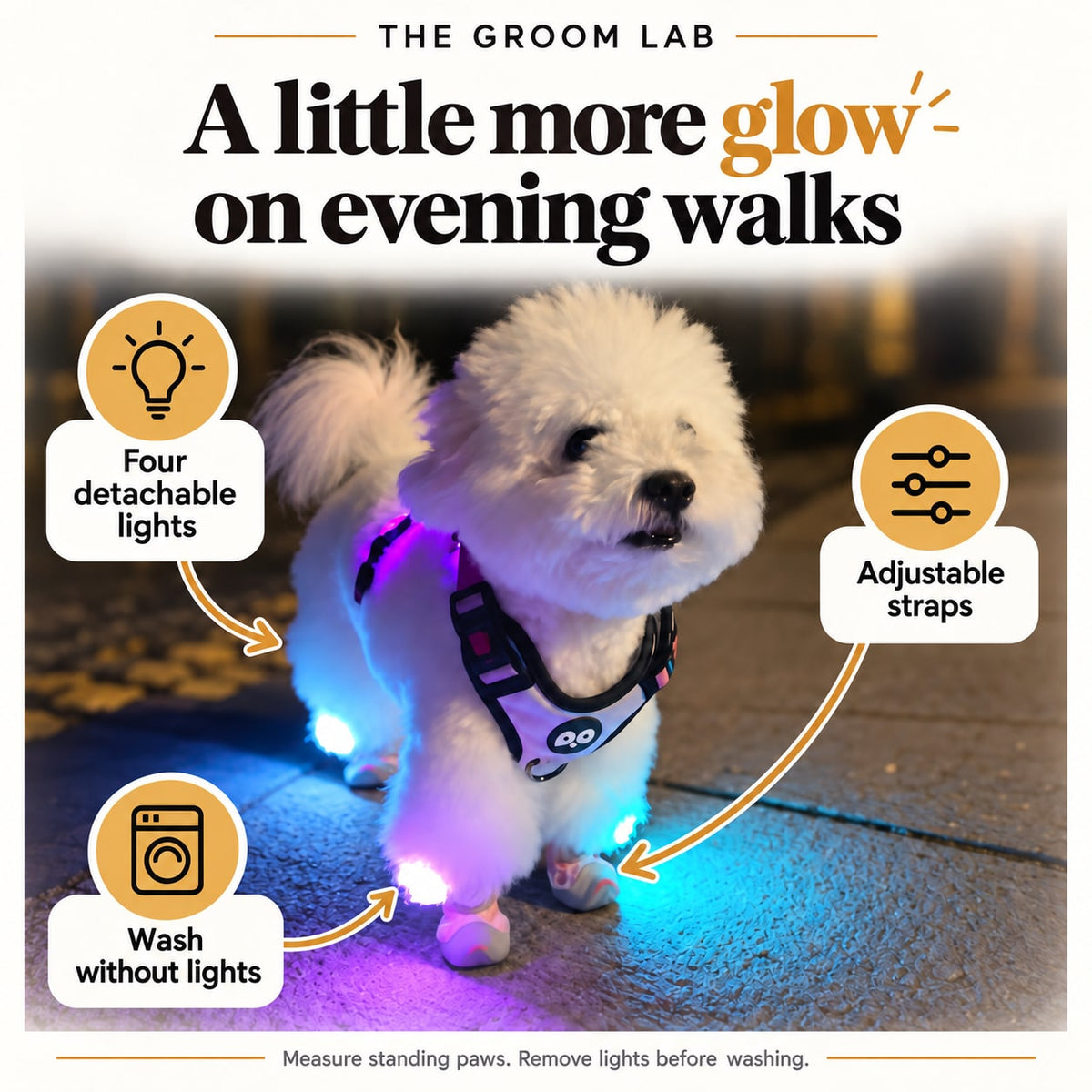 The Groom Lab — LED Light-Up Dog Shoes, Set of 4 with Velcro Straps and Clip-On Lights — product features and use guidance