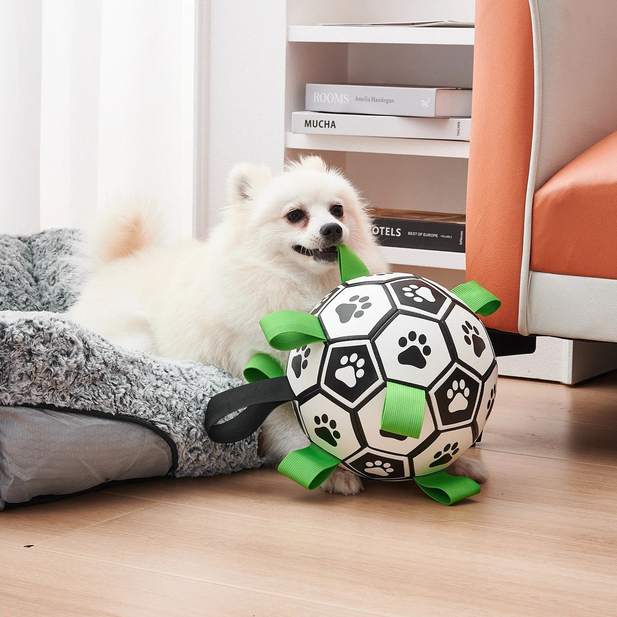 Soccer ball dog toy with nylon grab straps, photo 2