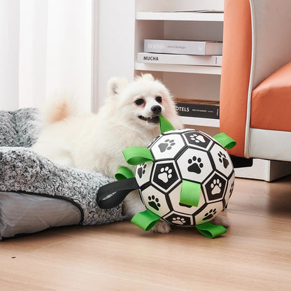 Soccer ball dog toy with nylon grab straps, photo 2