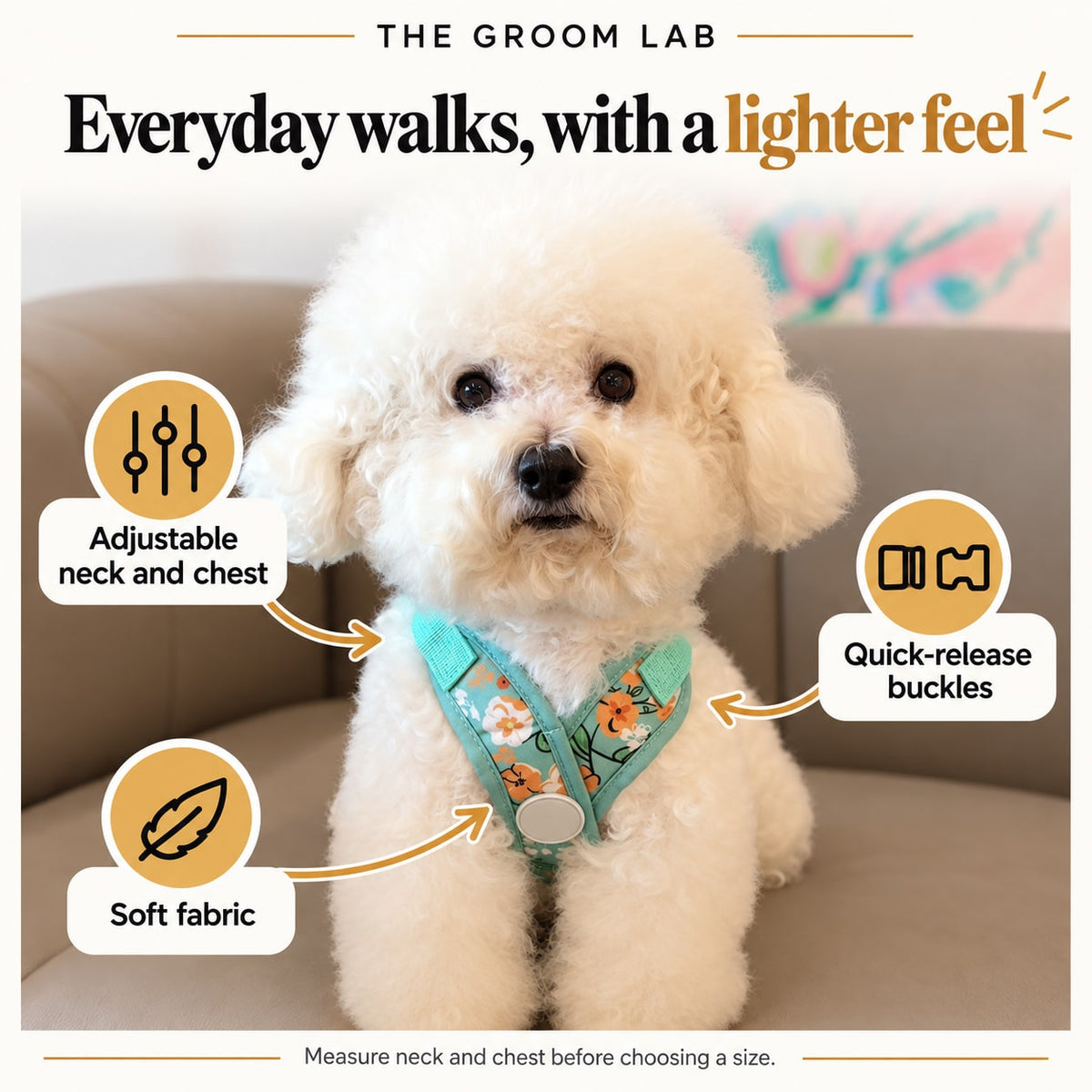 The Groom Lab — Printed Dog Harness for Small Dogs, Soft X-Style with Quick-Release Buckles — product features and use guidance