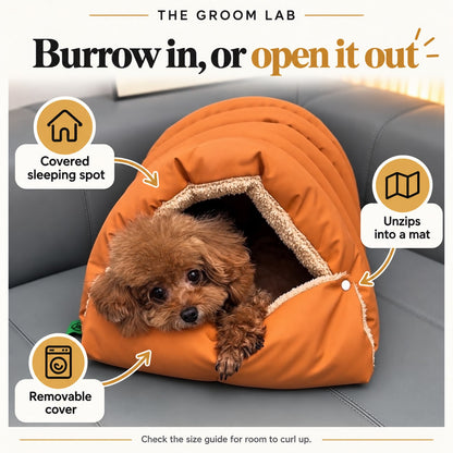 The Groom Lab — Puffer Sleeping Bag Dog Bed, Zip-Open Burrow Nest for Small Dogs — product features and use guidance