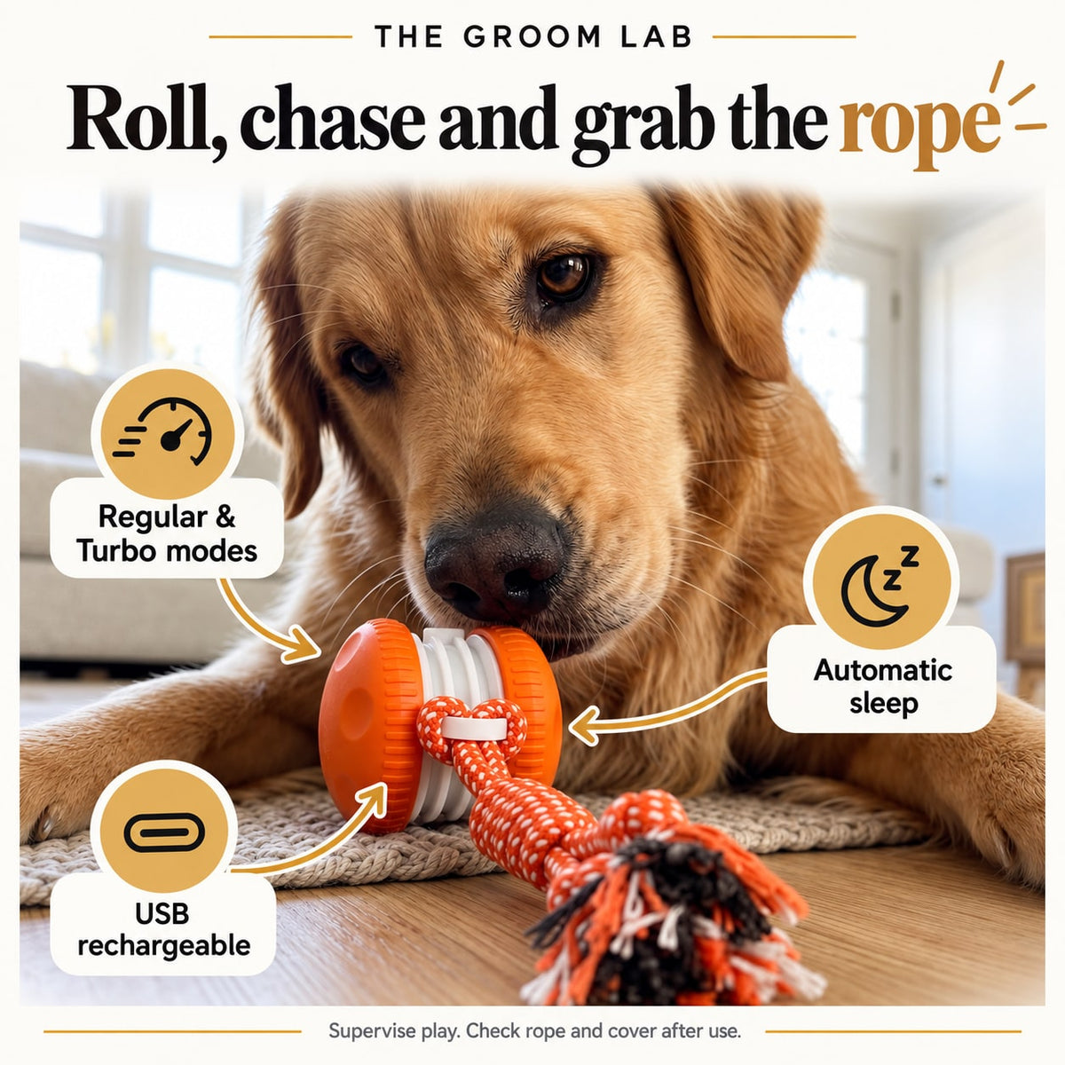 The Groom Lab — Rechargeable Rolling Dog Toy with Rope, Self-Moving Interactive Roller — product features and use guidance