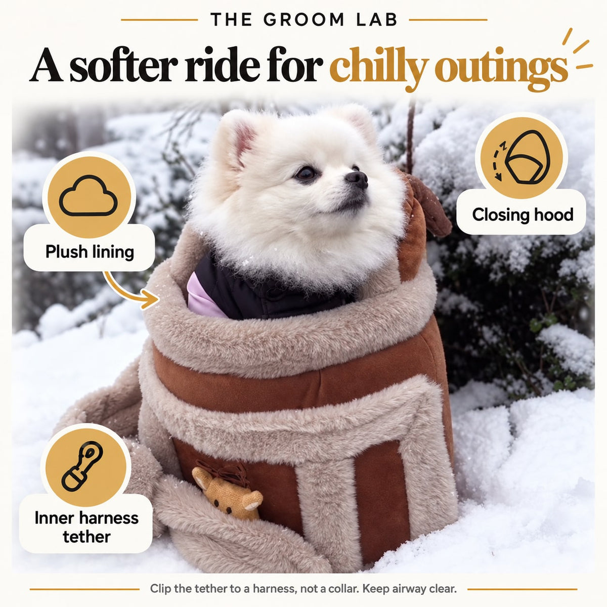 The Groom Lab — Reindeer Plush Dog Carrier Bag with Hood and Safety Tether — product features and use guidance