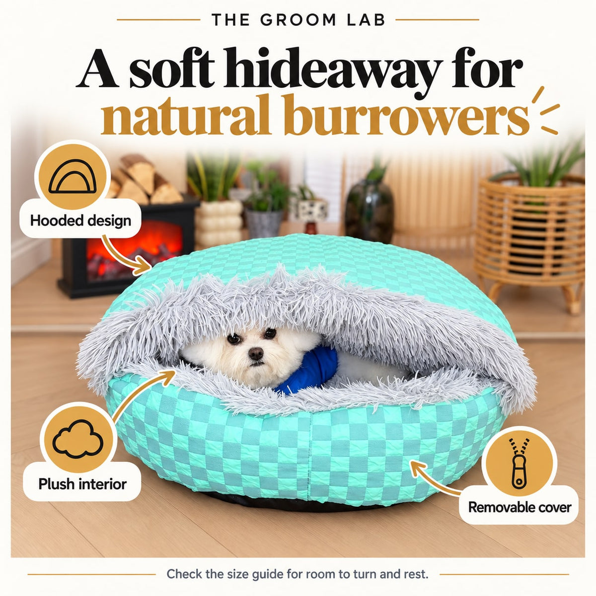 The Groom Lab — Round Hooded Cave Dog Bed, Plush Burrow Bed with Removable Cover — product features and use guidance